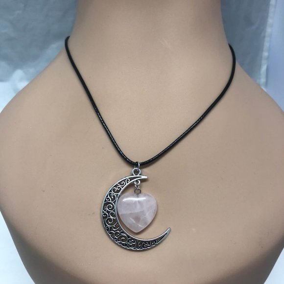 Crescent Moon Rose Quartz Heart Stone Pendant Blac - Picture 2 of 8